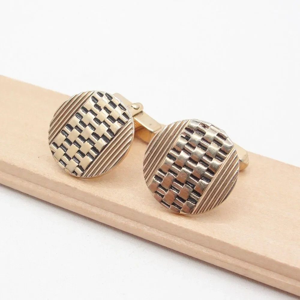 Vintage Swank Gold Tone Round Cufflinks Basketweave Textured Brick Mesh Retro